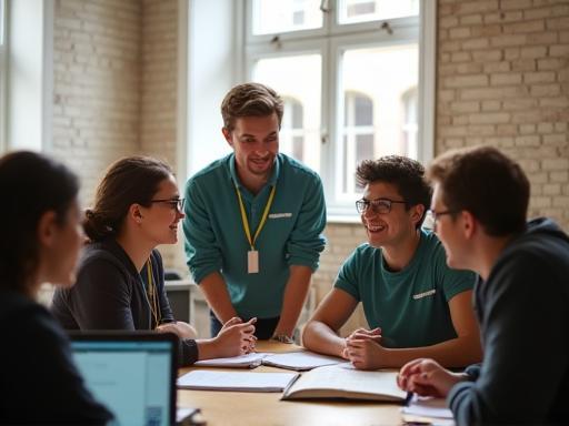 Group of students and tutors engaged in English lesson, London classroom